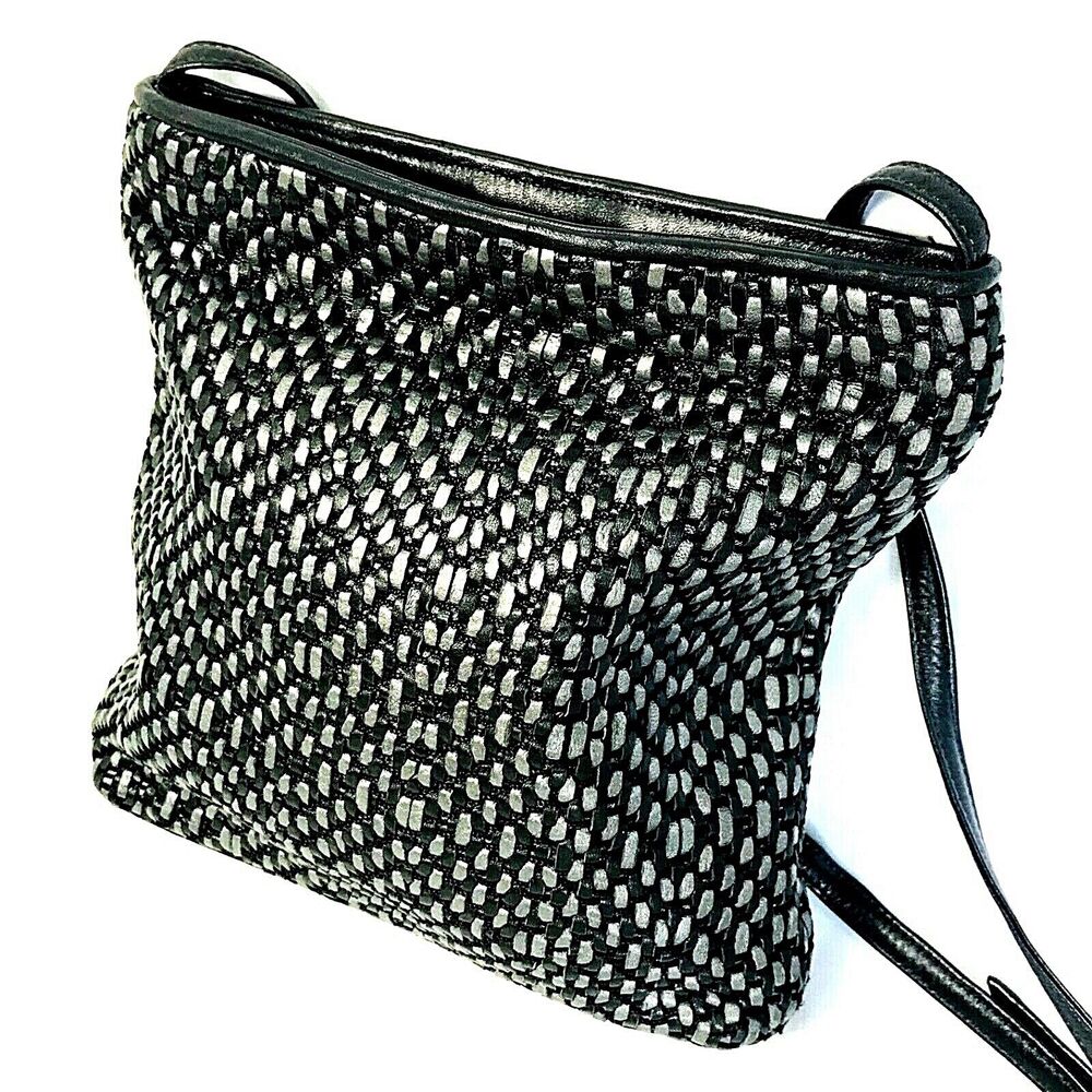 Sharif Handbag Woven Leather Cord Metallic 9 in Crossbody Black Silver Purse